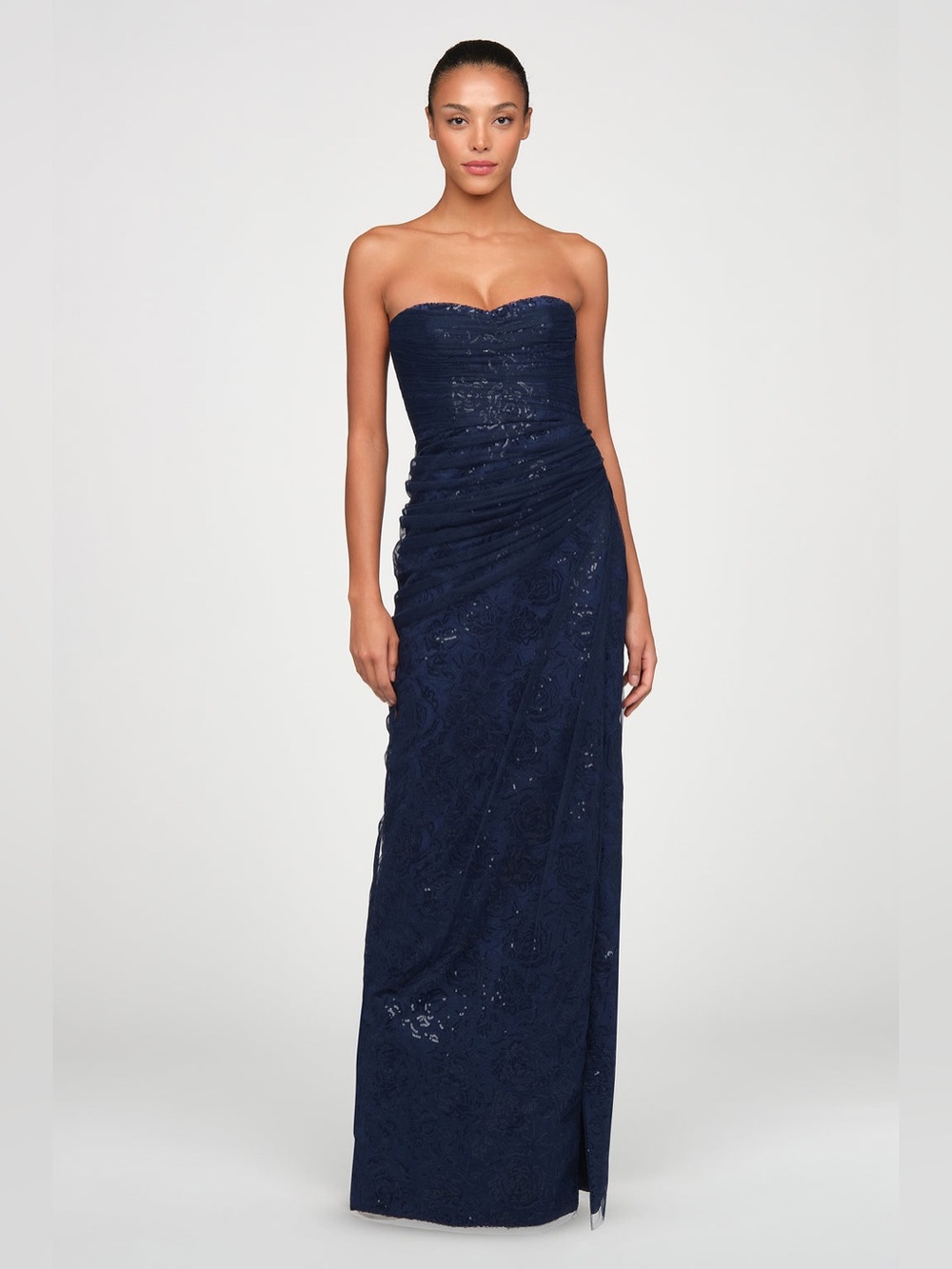 Theia Mal Beaded Strapless Navy Sequin Lace Gown